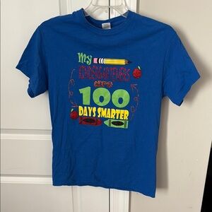 Vibrant Blue Short Sleeve Tee with School-Themed Graphic